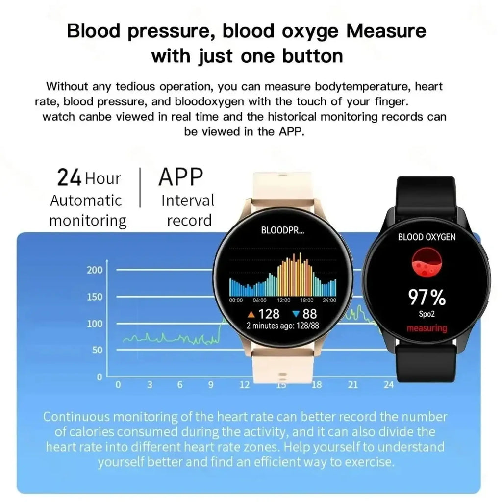 Beige and black lige wireless charging smart watch for men and women with health monitoring features on circular screen