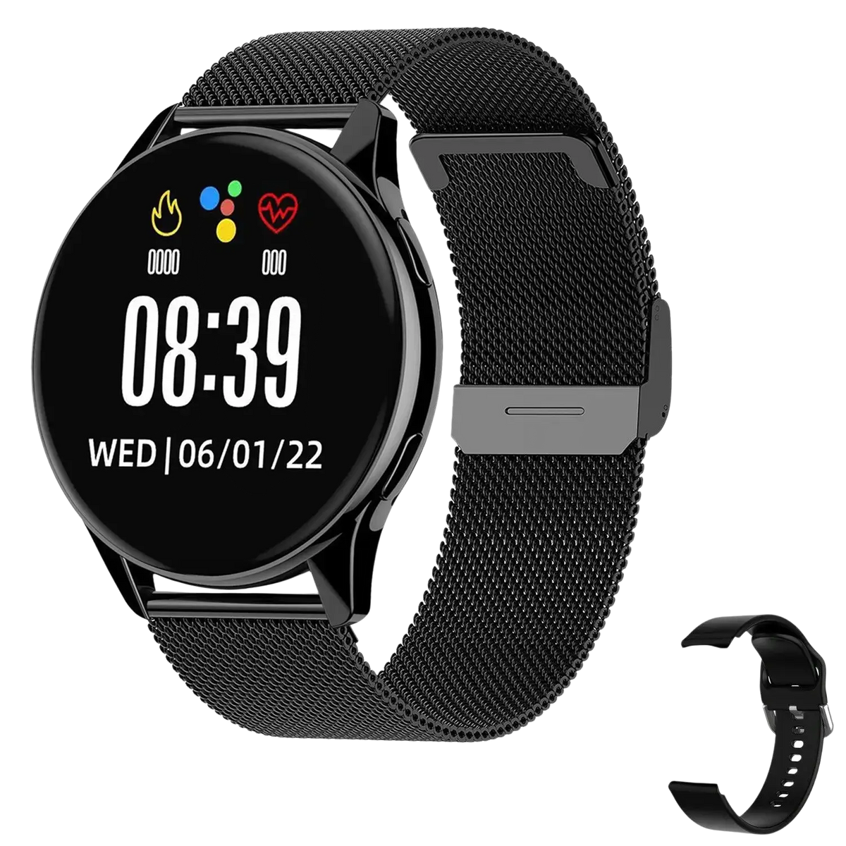 Black mesh stainless steel Lige wireless charging smartwatch for men and women with circular digital time and date display