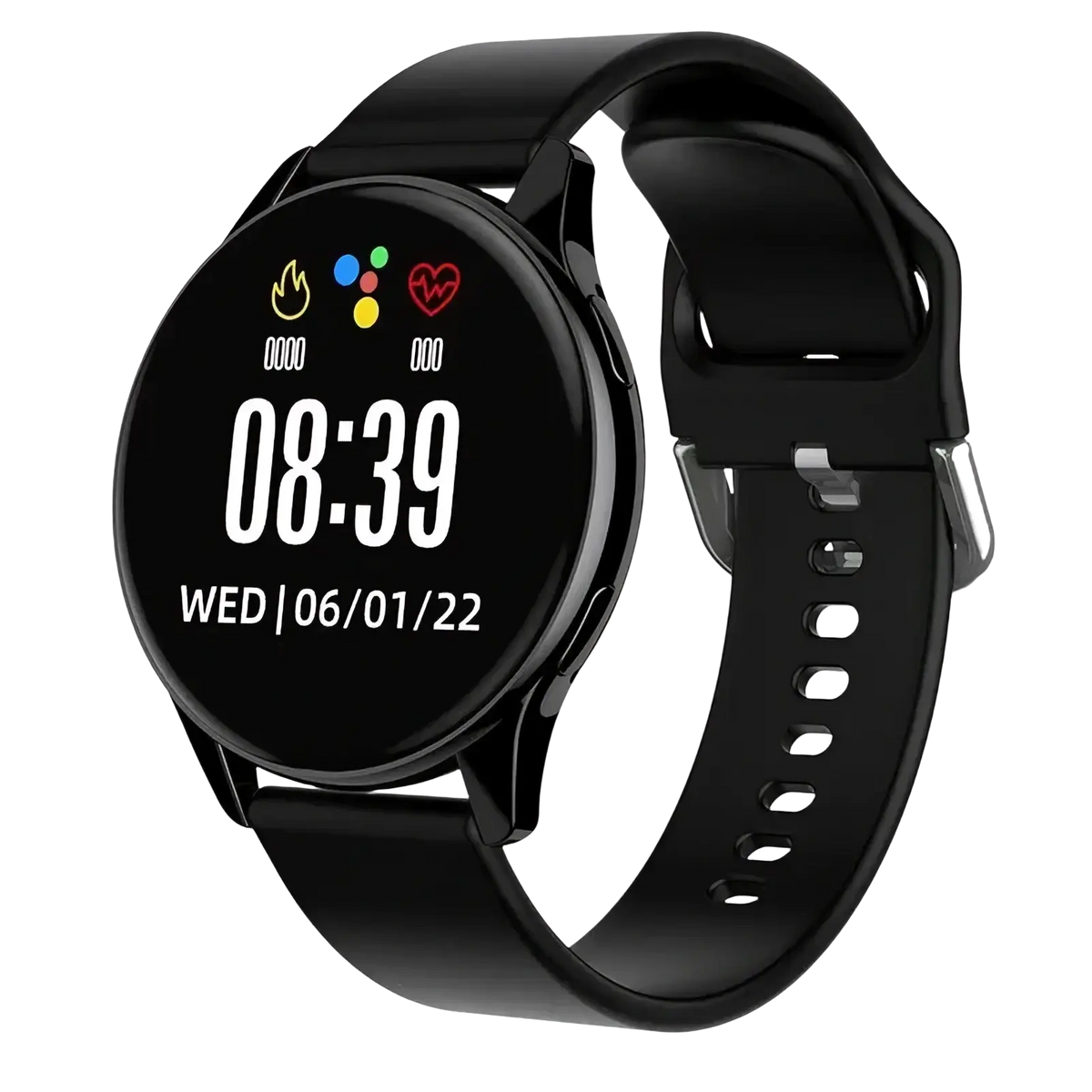 Black silicone Lige wireless charging smartwatch for men and women with circular touchscreen displaying time and health metrics