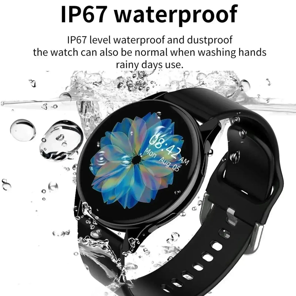 Lige wireless charging smartwatch for men and women in black with circular screen displaying colorful floral design and IP67 waterproof rating