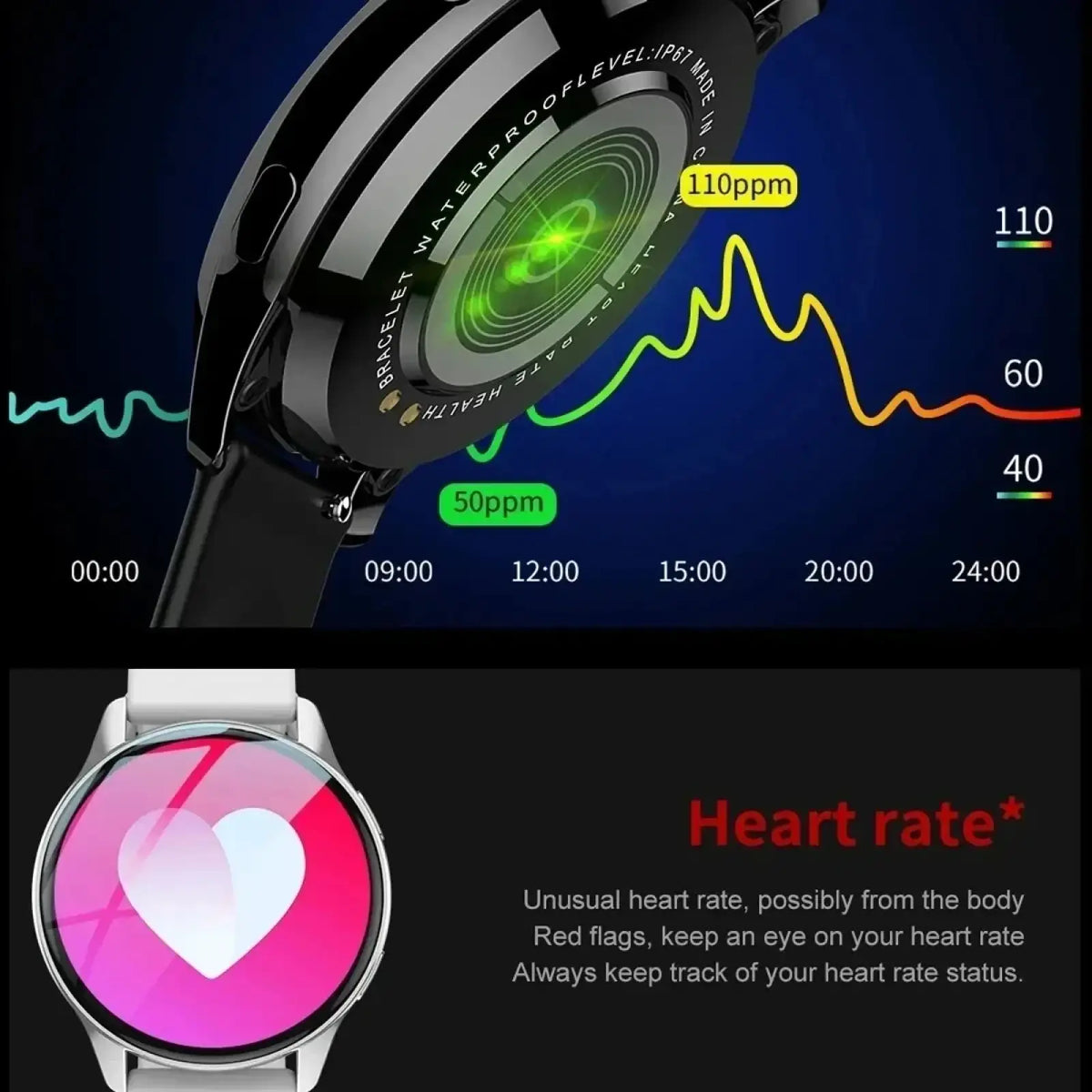 Black lige wireless charging smart watch with sleek metallic case and digital heart rate display for men and women