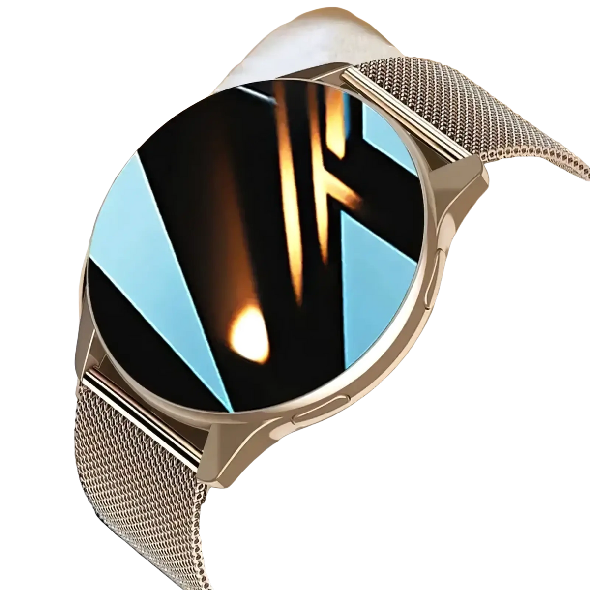 Lige wireless charging smartwatch for men and women with rose gold mesh band and circular face showing abstract geometric patterns
