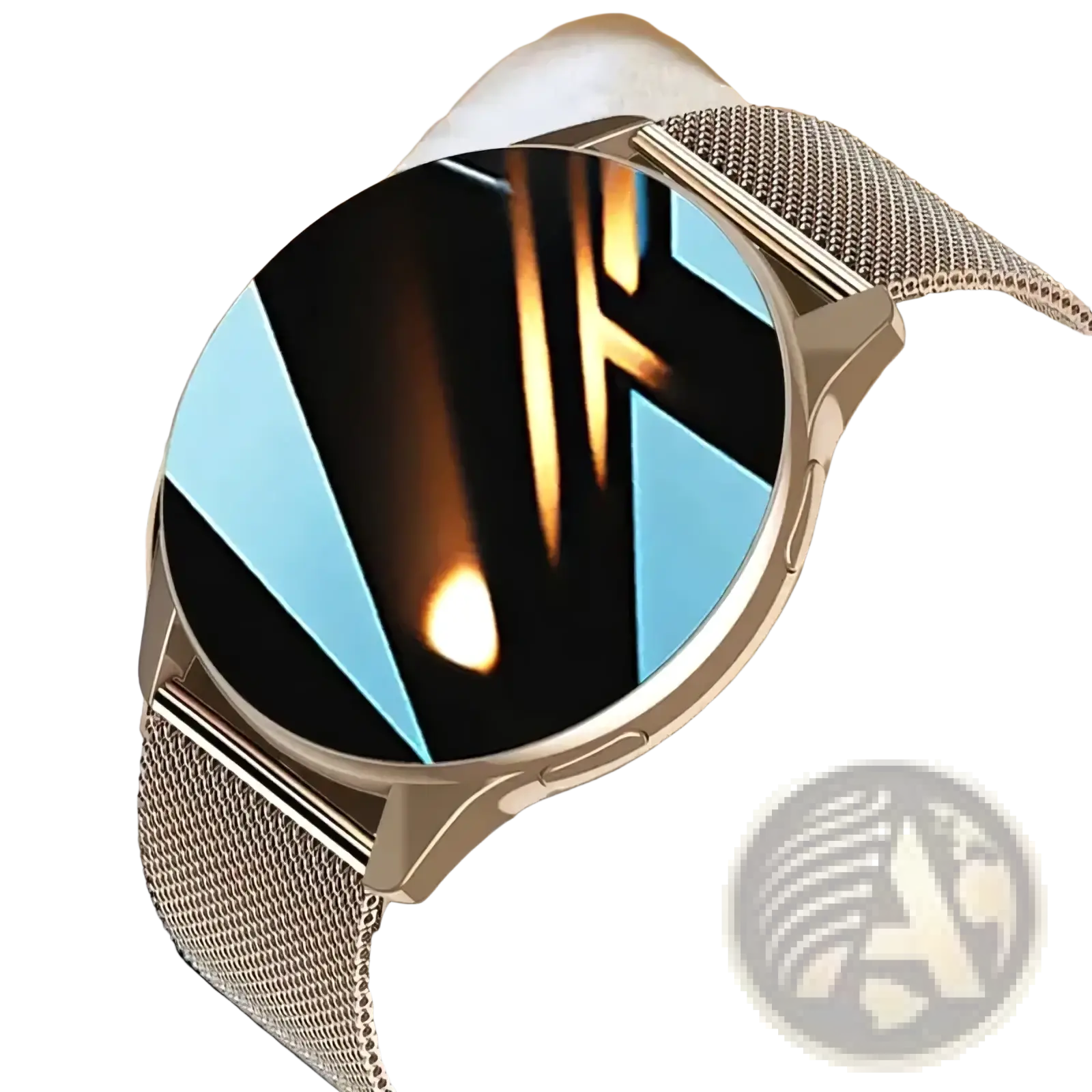 Lige wireless charging smartwatch for men and women with rose gold mesh band and circular face showing abstract geometric patterns