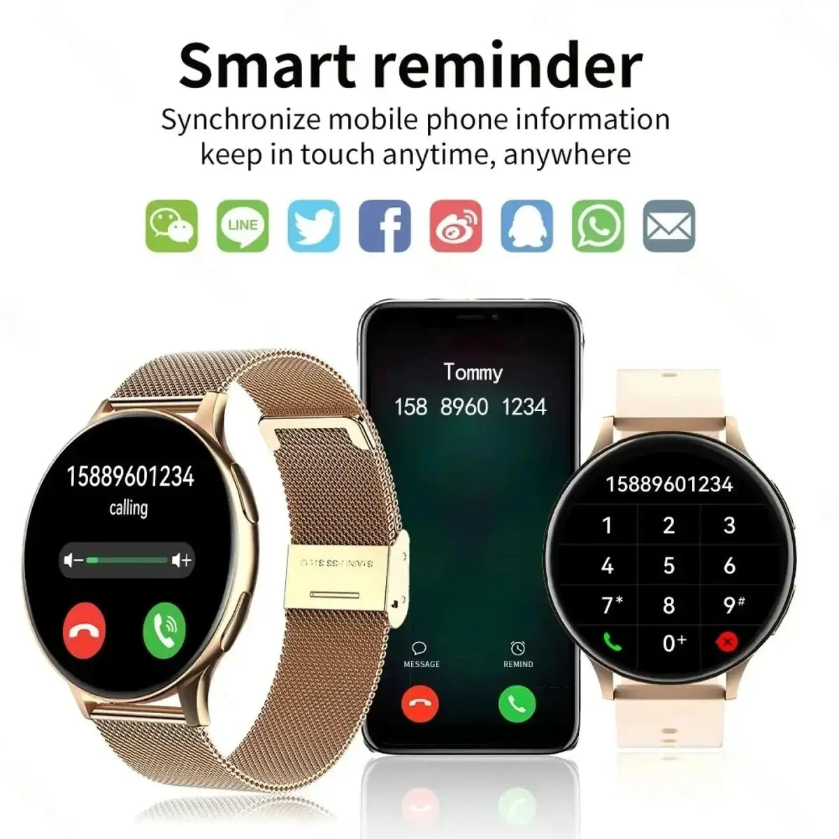 Lige wireless charging smart watch for men and women with gold-tone mesh band and circular black call interface screen