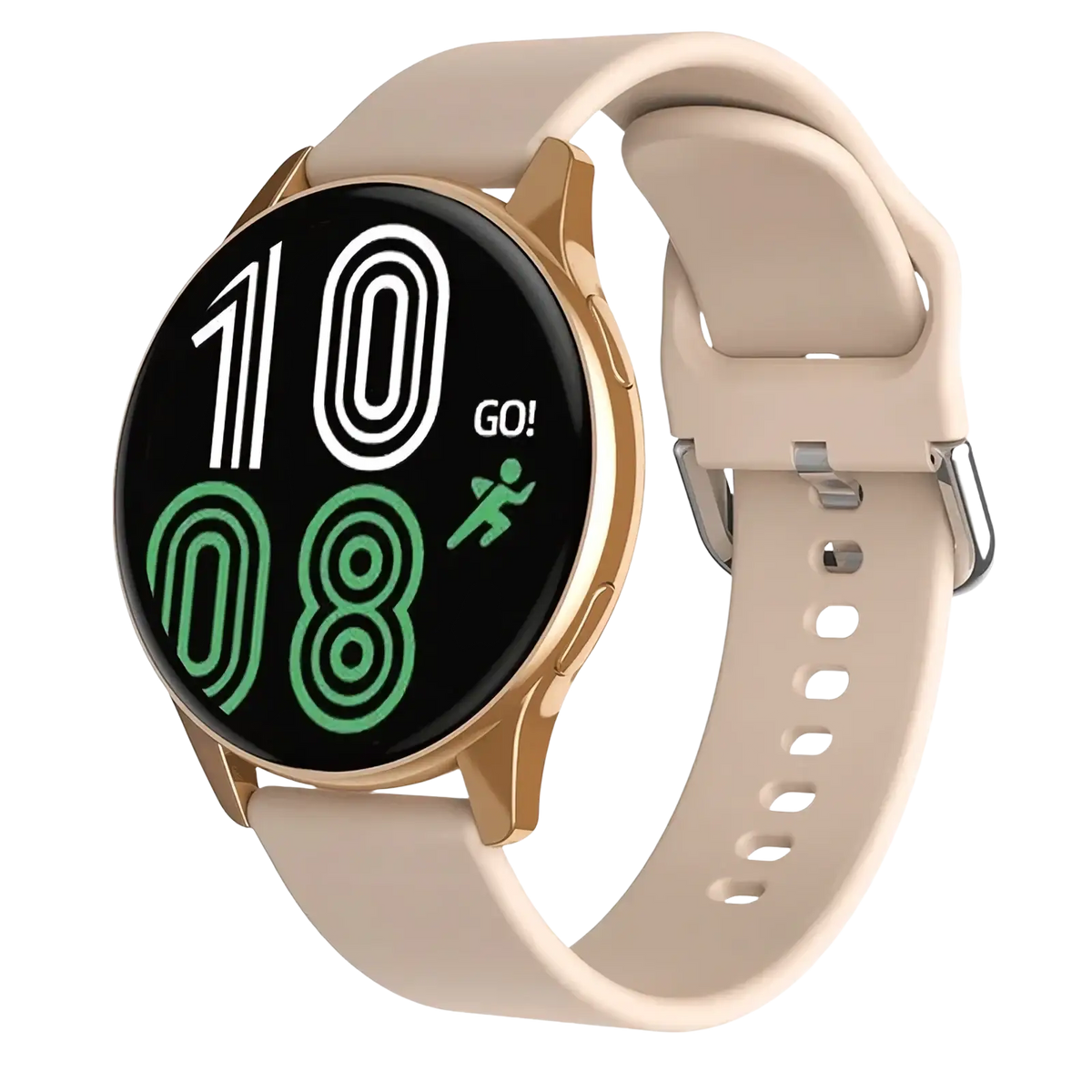 Lige wireless charging smartwatch for men and women with gold-tone case, beige silicone strap, and black circular digital screen