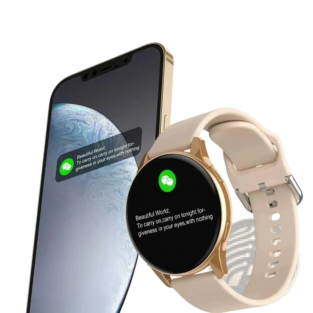 Lige wireless charging smartwatch for men and women in gold tone with beige silicone strap and green chat icon display