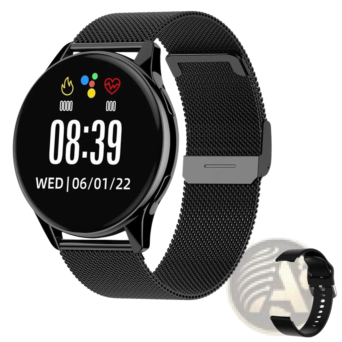 Black mesh stainless steel Lige wireless charging smartwatch for men and women with circular digital time and date display