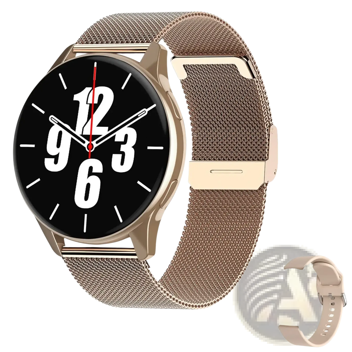 Rose gold mesh band Lige wireless charging smart watch with black face and white numerals for men and women