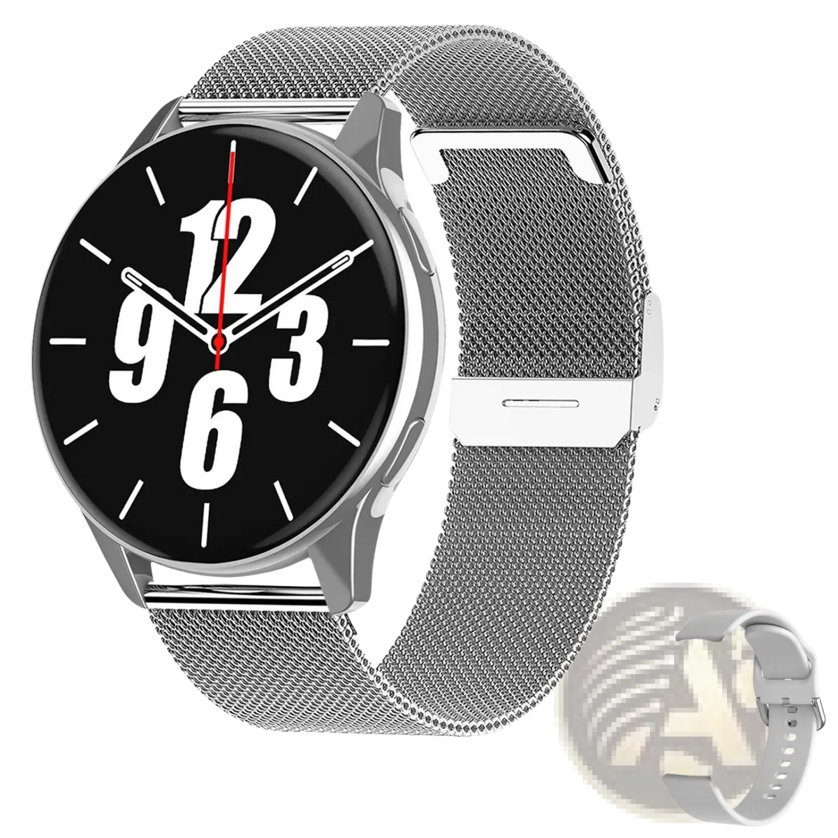 Lige wireless charging smart watch for men and women with silver mesh band and black dial featuring white numerals and hands