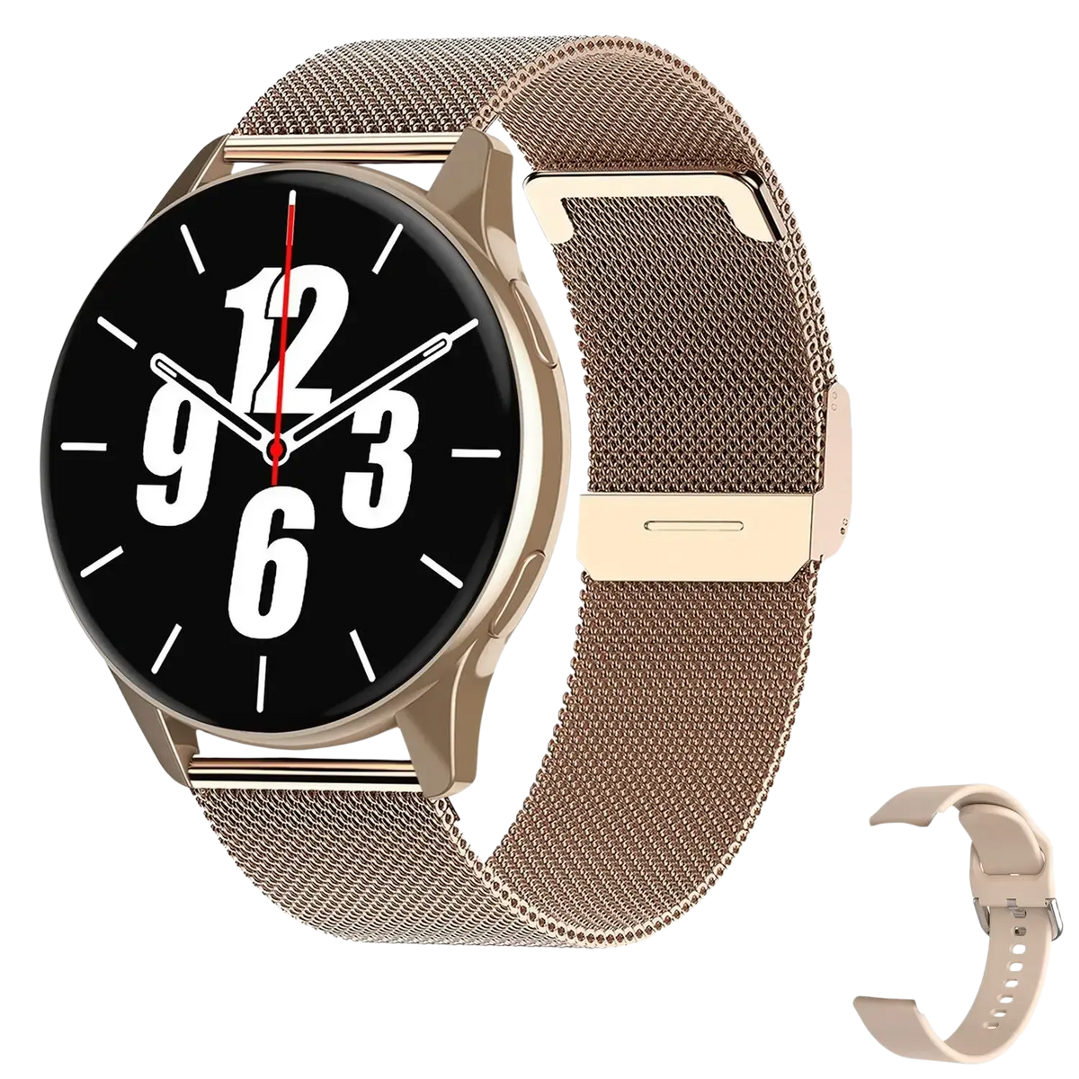 Rose gold mesh band Lige wireless charging smart watch with black face and white numerals for men and women