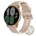 Lige wireless charging smartwatch for men and women with gold-tone case, beige silicone strap, and black circular digital screen
