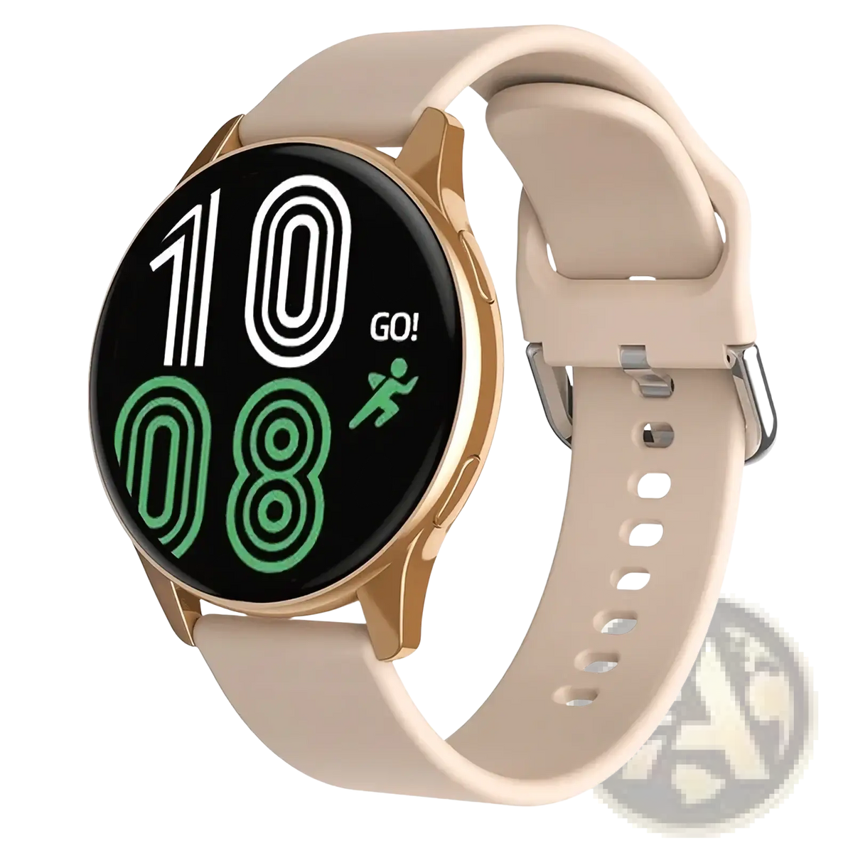 Lige wireless charging smartwatch for men and women with gold-tone case, beige silicone strap, and black circular digital screen
