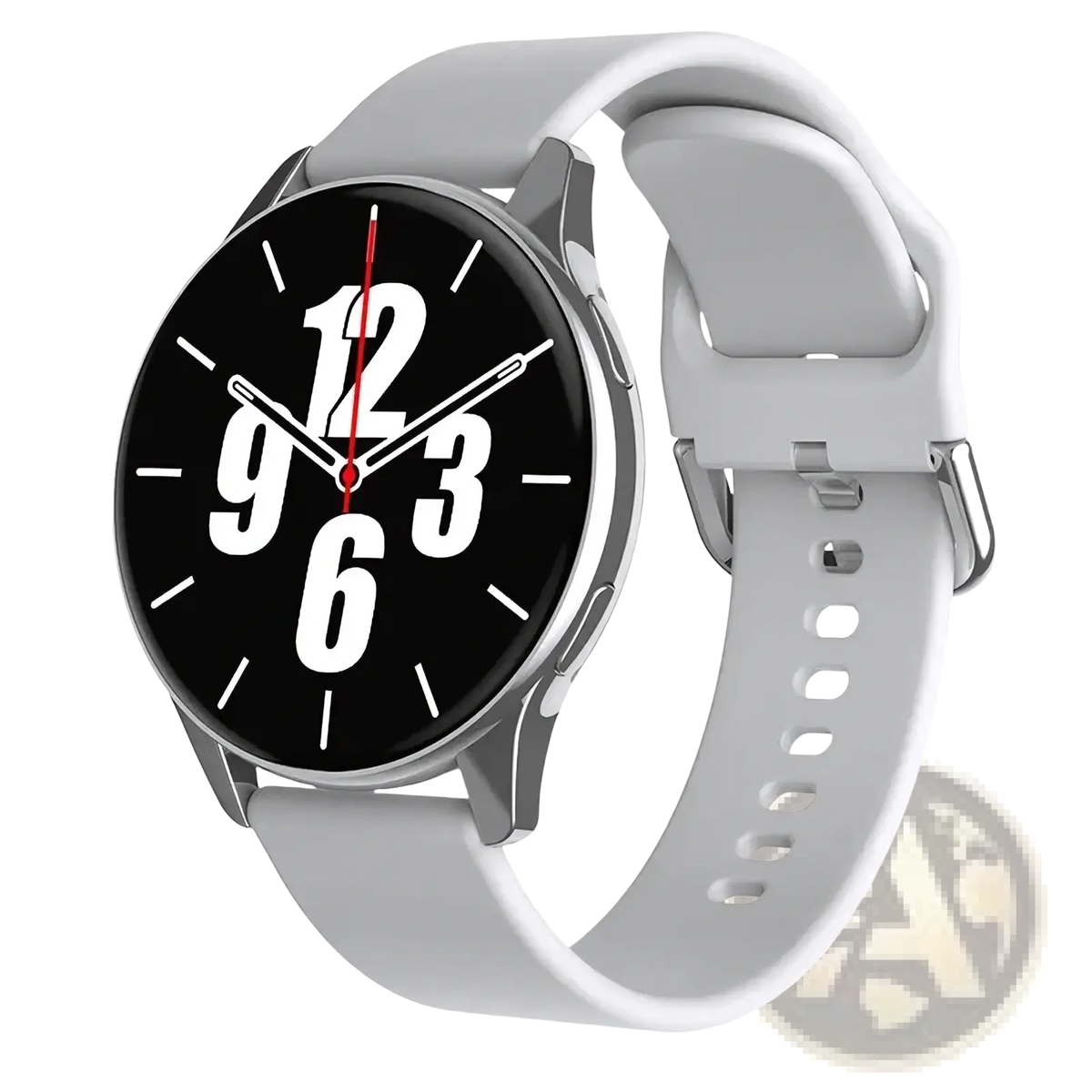 Lige wireless charging smartwatch for men and women with silver frame black dial white numerals and gray silicone strap