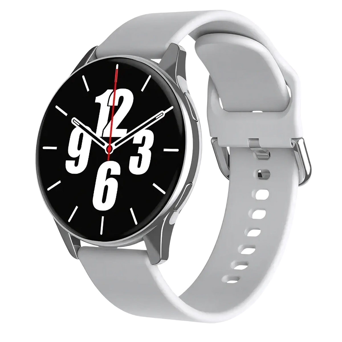 Lige wireless charging smartwatch for men and women with silver frame black dial white numerals and gray silicone strap