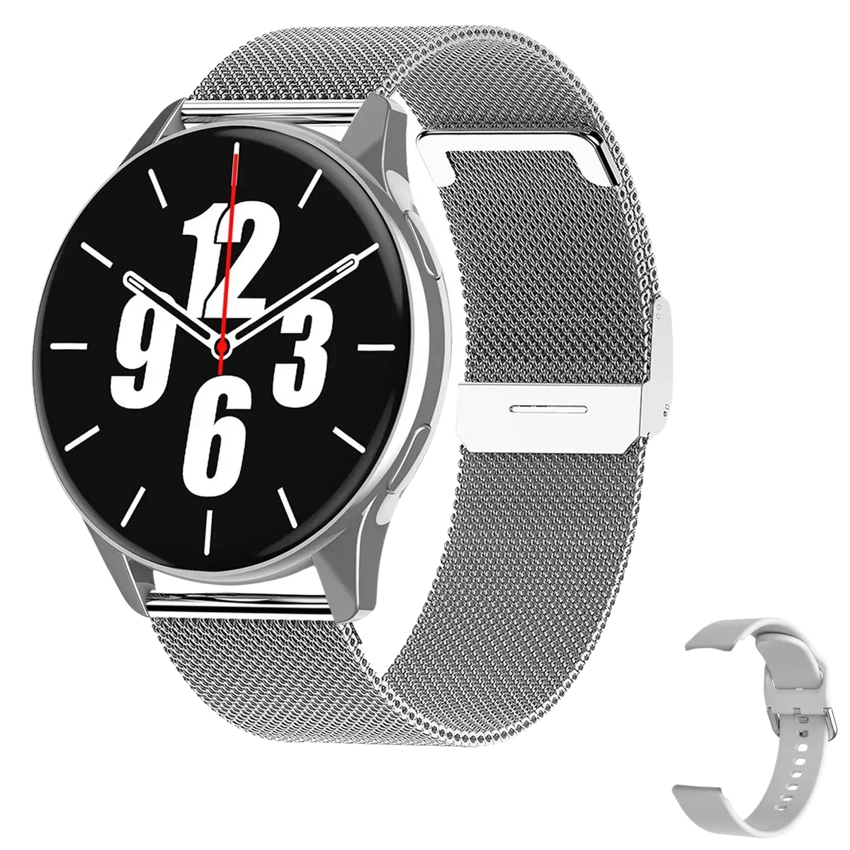 Lige wireless charging smart watch for men and women with silver mesh band and black dial featuring white numerals and hands