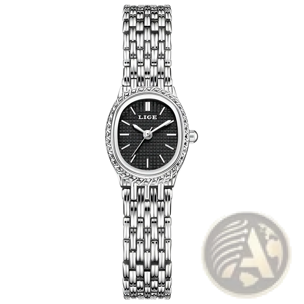 Silver-toned lige women gold quartz watch with black textured dial diamond-encrusted bezel and mesh-style bracelet