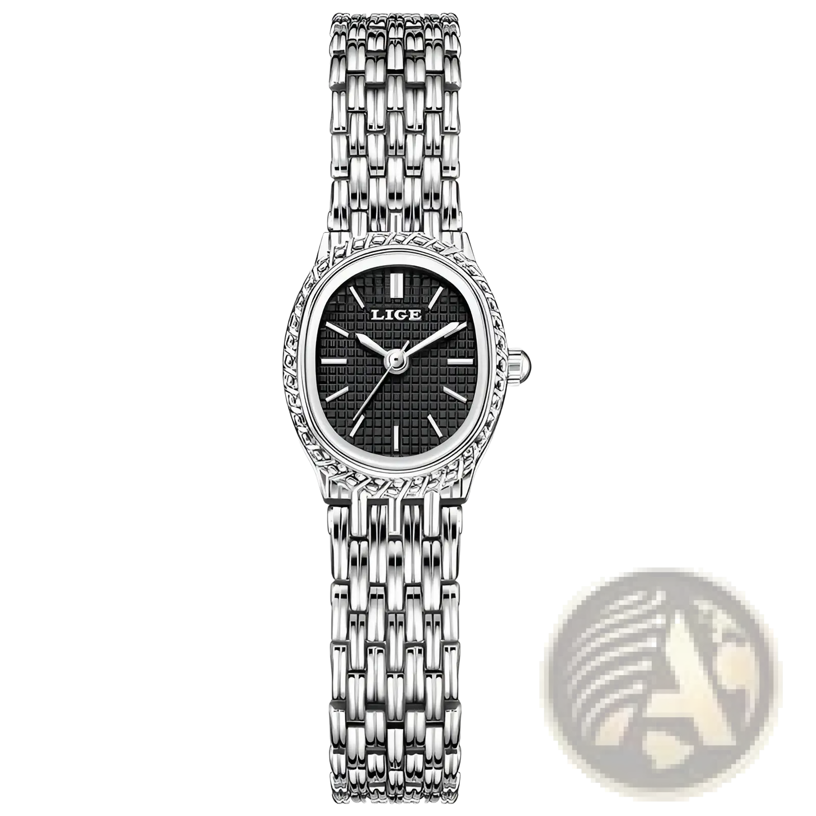 Silver-toned lige women gold quartz watch with black textured dial diamond-encrusted bezel and mesh-style bracelet
