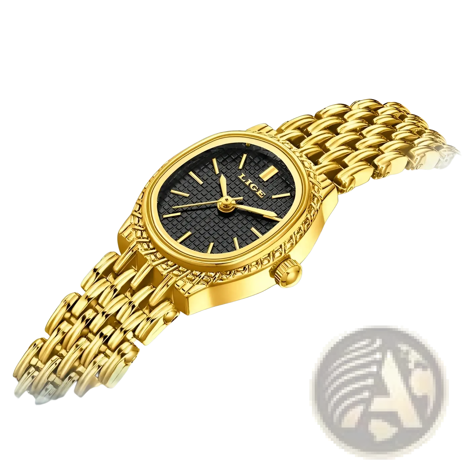 Lige women gold quartz watch with gold tone case, black textured dial, gold hands, and intricate mesh bracelet design