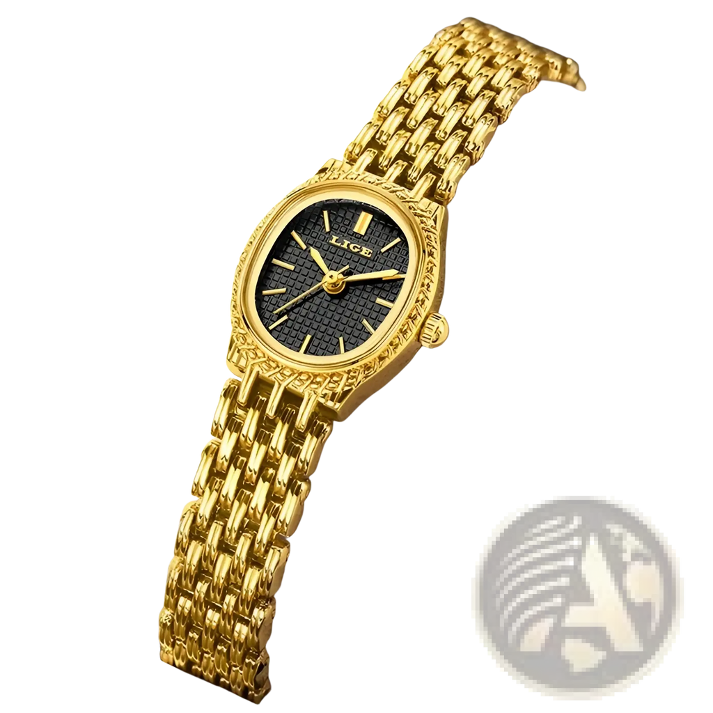 Lige women gold quartz watch featuring a gold-tone mesh bracelet and black textured dial with gold hour markers