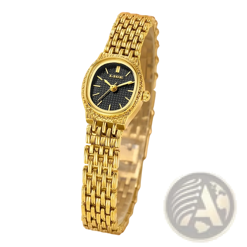 Lige women gold quartz watch with black textured dial and gold-tone interlocking chain-link bracelet