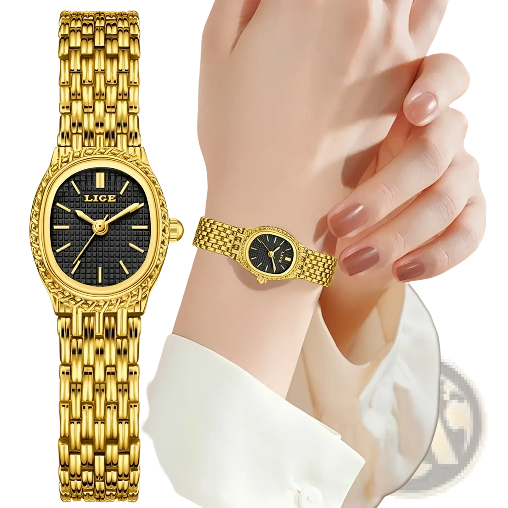 Lige women gold quartz watch featuring a gold-tone case with black textured dial and matching mesh bracelet