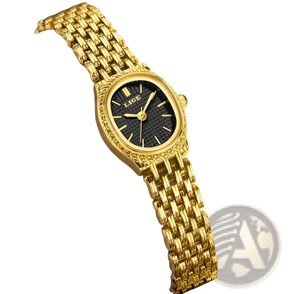 Lige women gold quartz watch with gold-tone metal case and oval black textured dial with gold hour markers