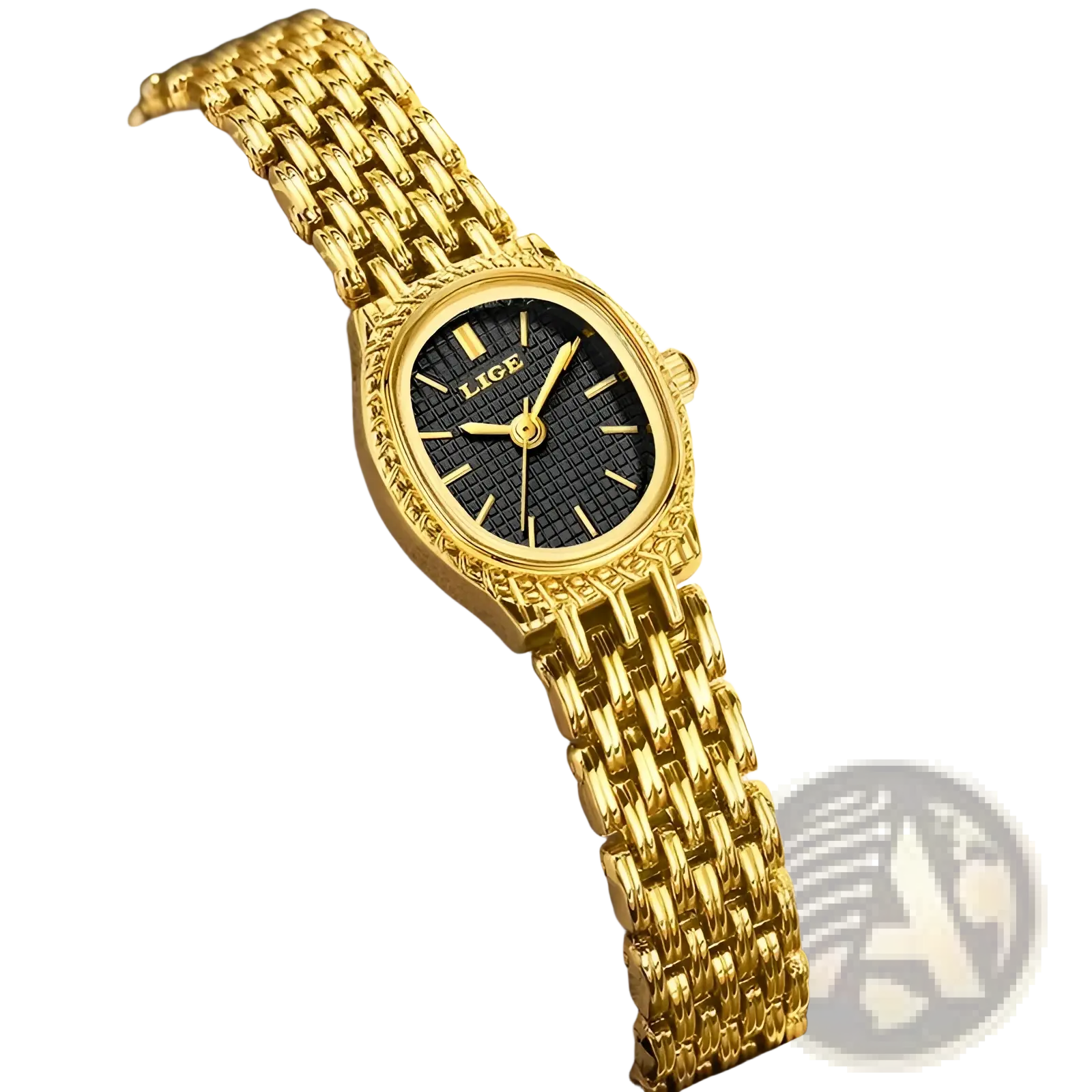 Lige women gold quartz watch with gold-tone metal case and oval black textured dial with gold hour markers