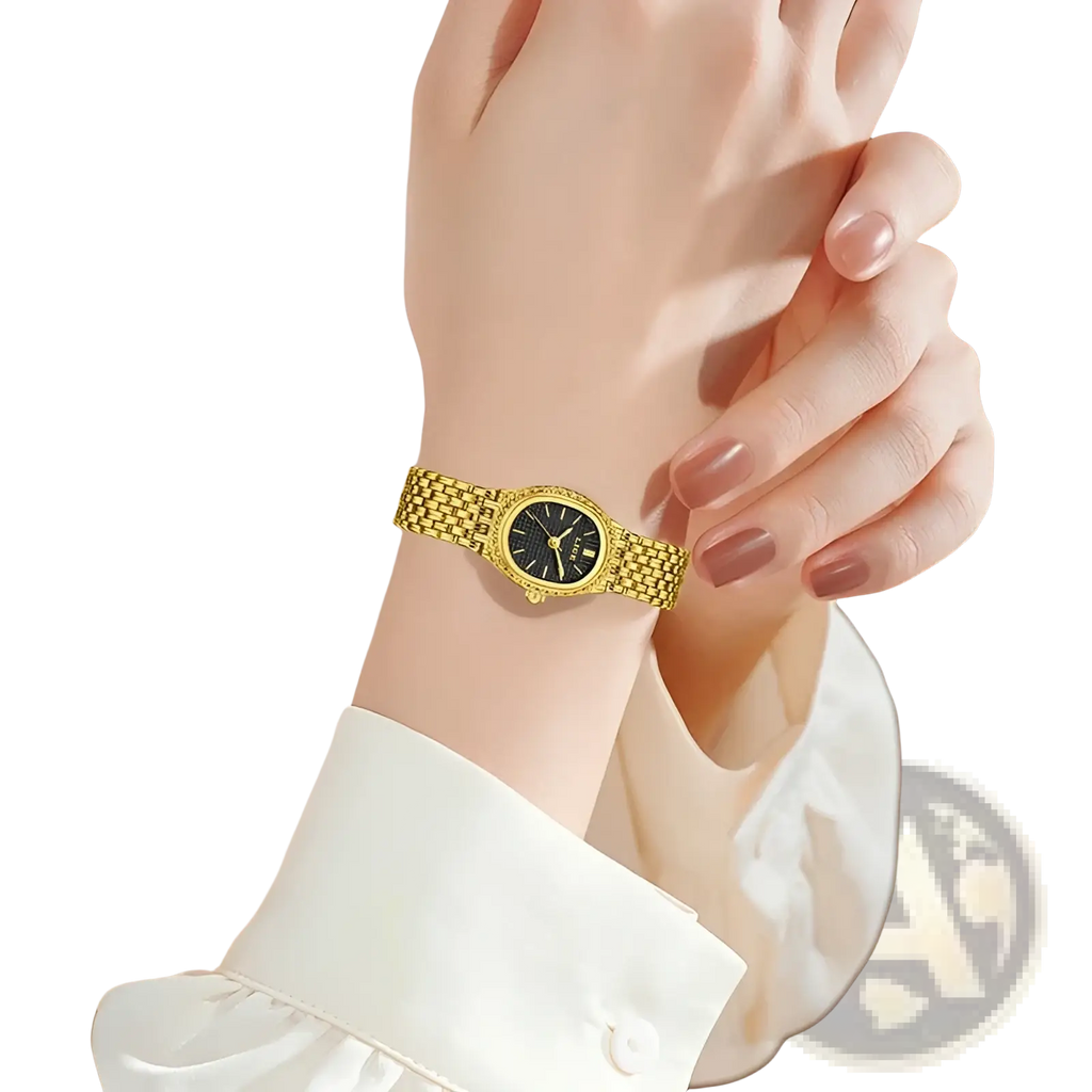 Lige women gold quartz watch with gold-toned stainless steel bracelet and black dial in minimalist elegant design
