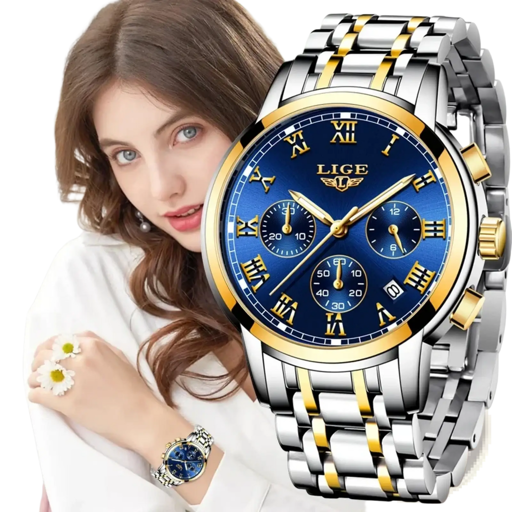 Lige men chronograph watch with blue dial gold roman numerals and silver stainless steel case and bracelet