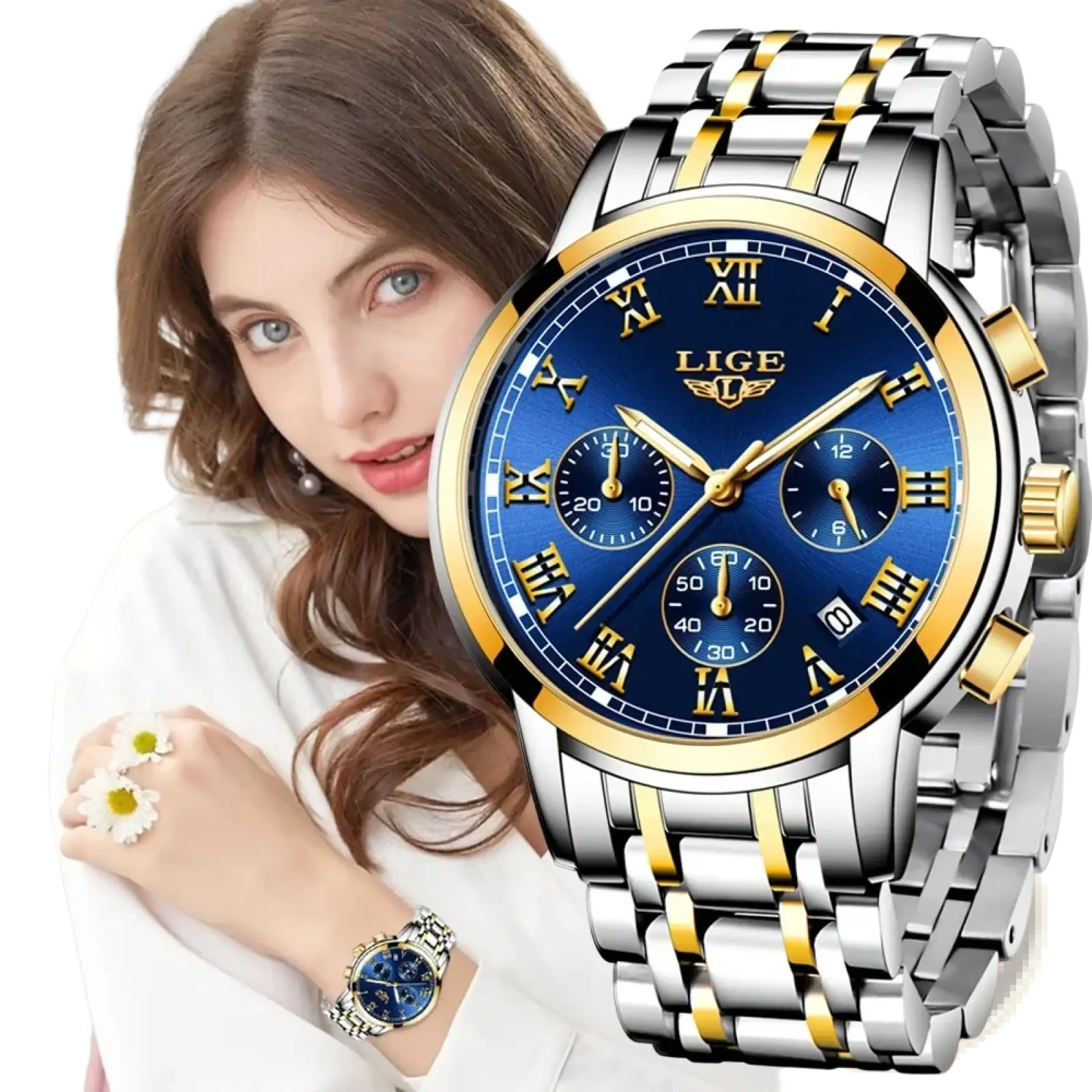 Lige men chronograph watch with blue dial gold roman numerals and silver stainless steel case and bracelet