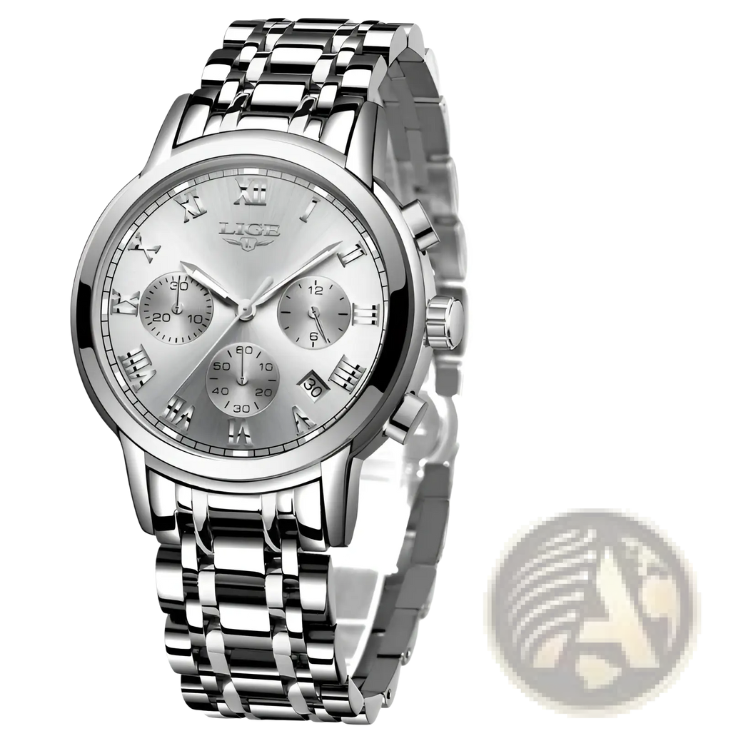 Silver lige chronograph watch with metallic stainless steel bracelet and roman numeral dial for women luxury blue dial quartz watch