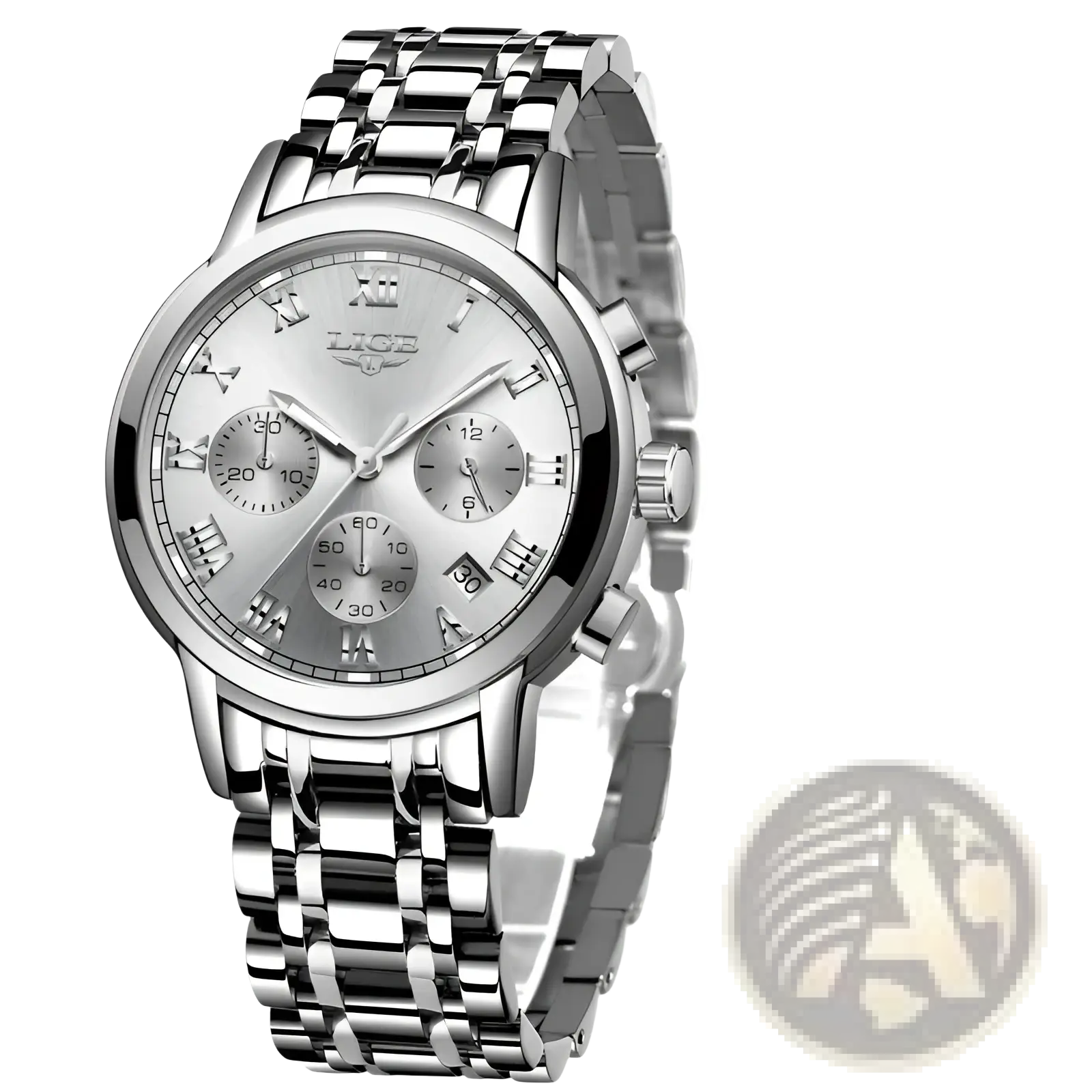 Silver lige chronograph watch with metallic stainless steel bracelet and roman numeral dial for women luxury blue dial quartz watch
