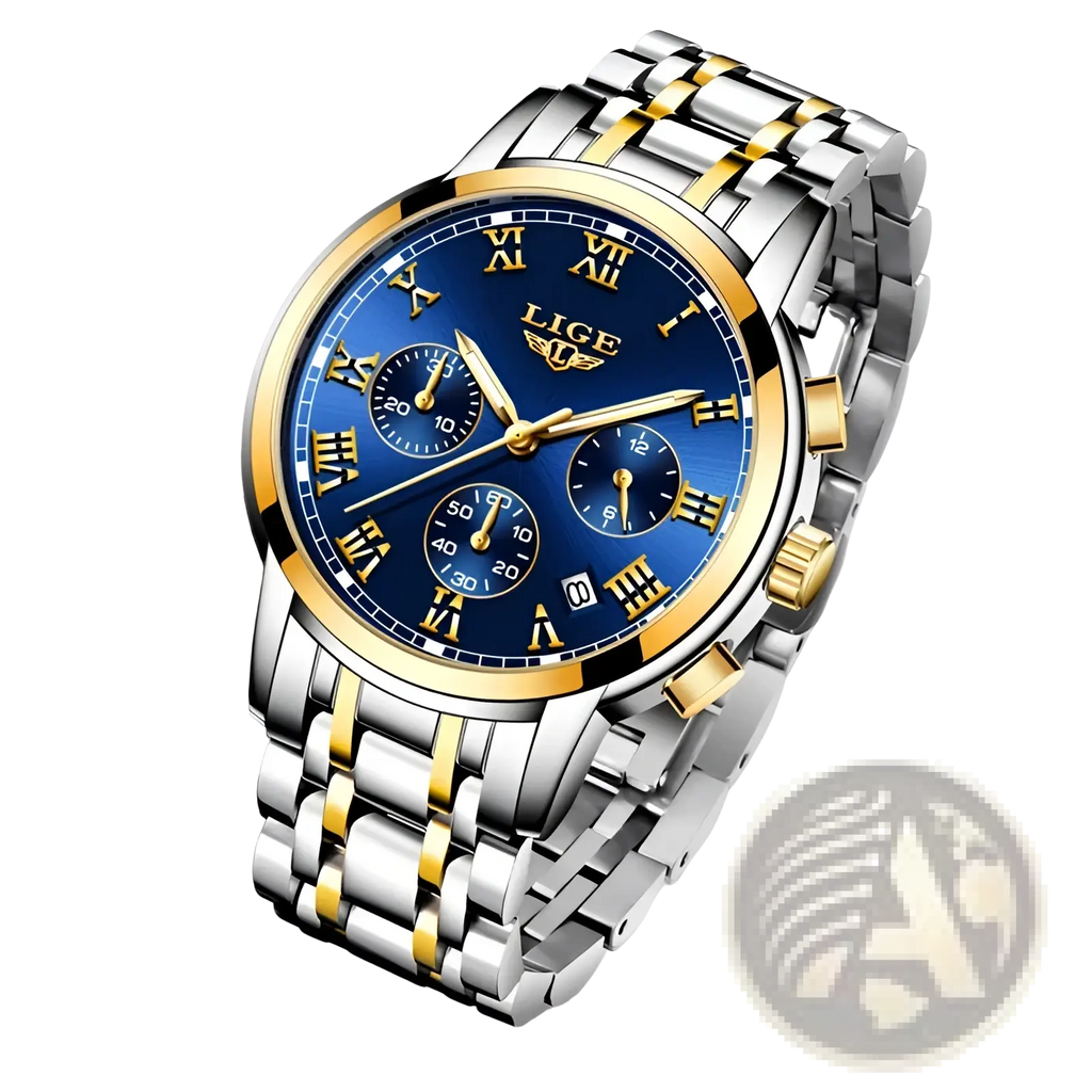 Lige women luxury blue dial quartz watch with gold roman numerals two-tone stainless steel chronograph bracelet