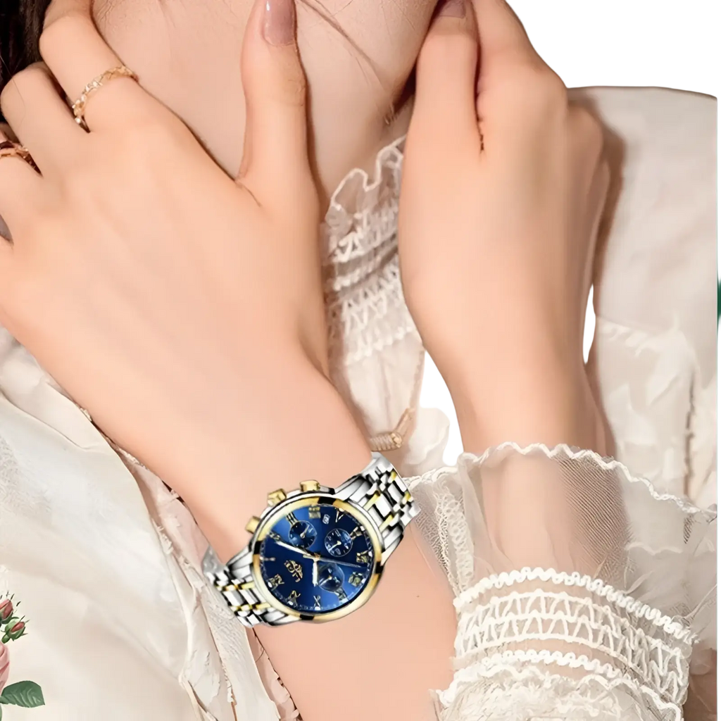 Lige women luxury quartz chronograph watch with silver and gold tones and vibrant blue dial with subdials