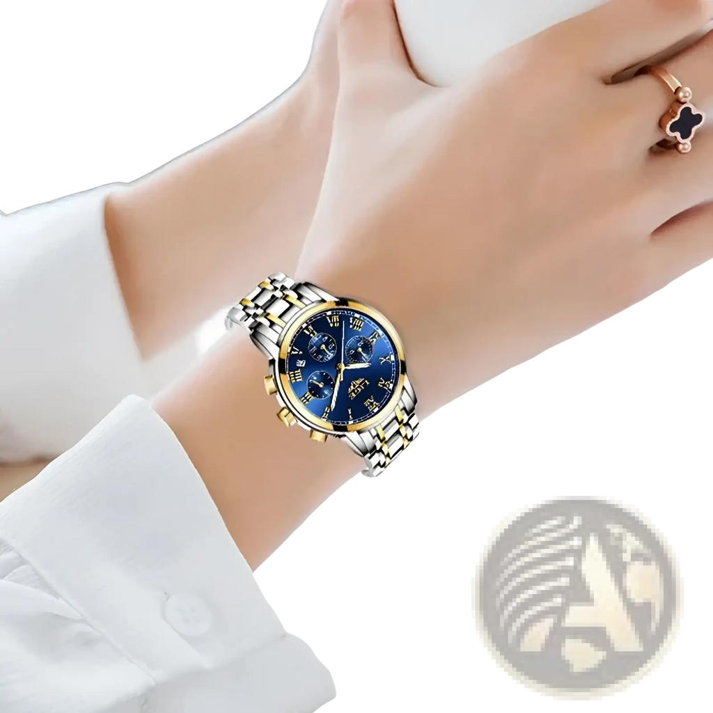 Lige women luxury blue dial quartz watch with sleek two-tone stainless steel chronograph and gold roman numerals