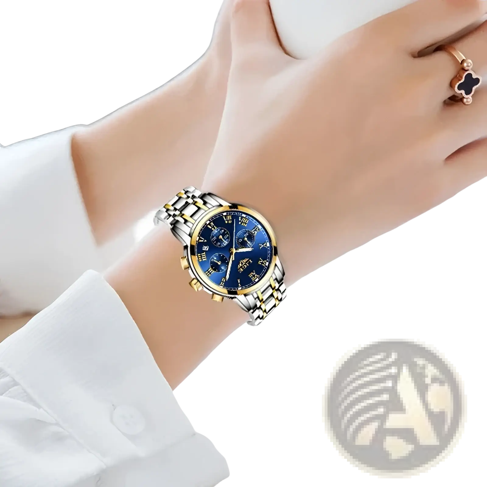 Lige women luxury blue dial quartz watch with sleek two-tone stainless steel chronograph and gold roman numerals