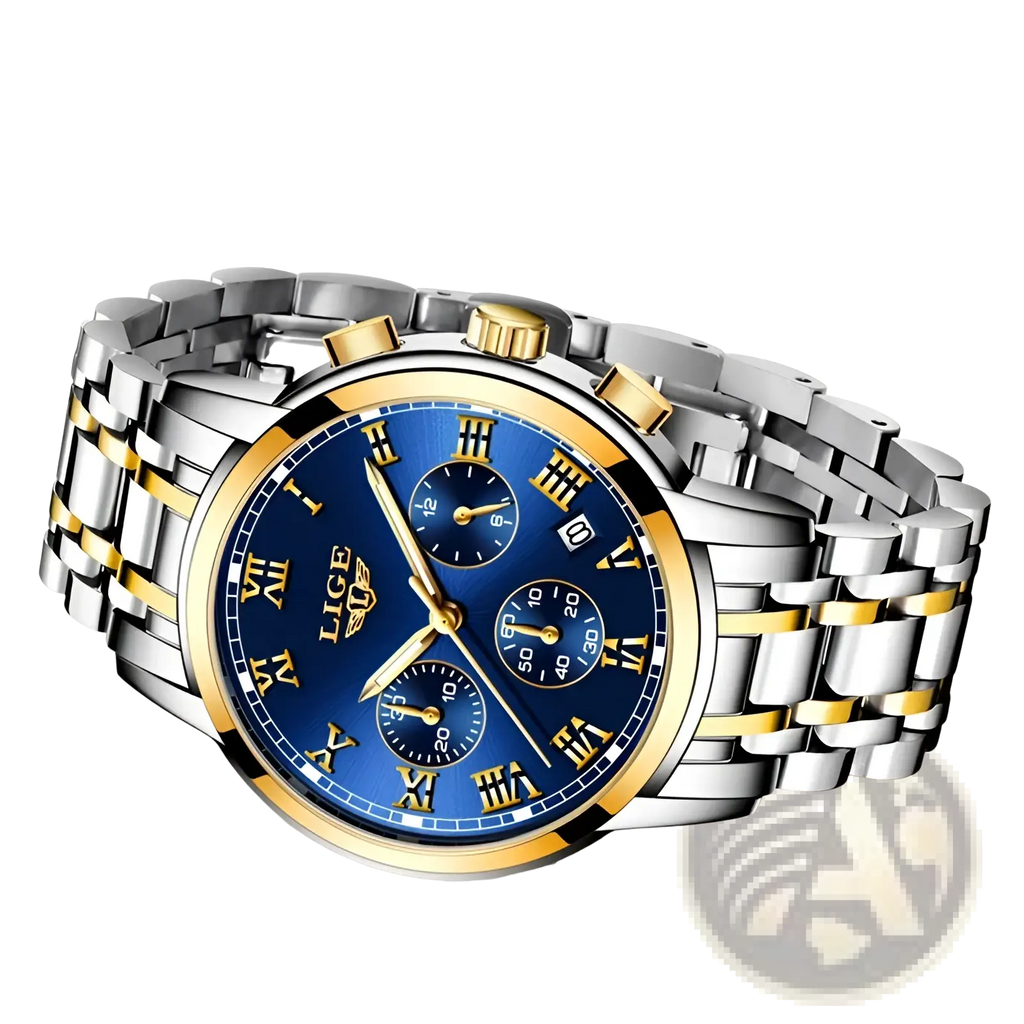 Lige women luxury quartz chronograph watch with two-tone stainless steel and gold, blue dial, and roman numerals