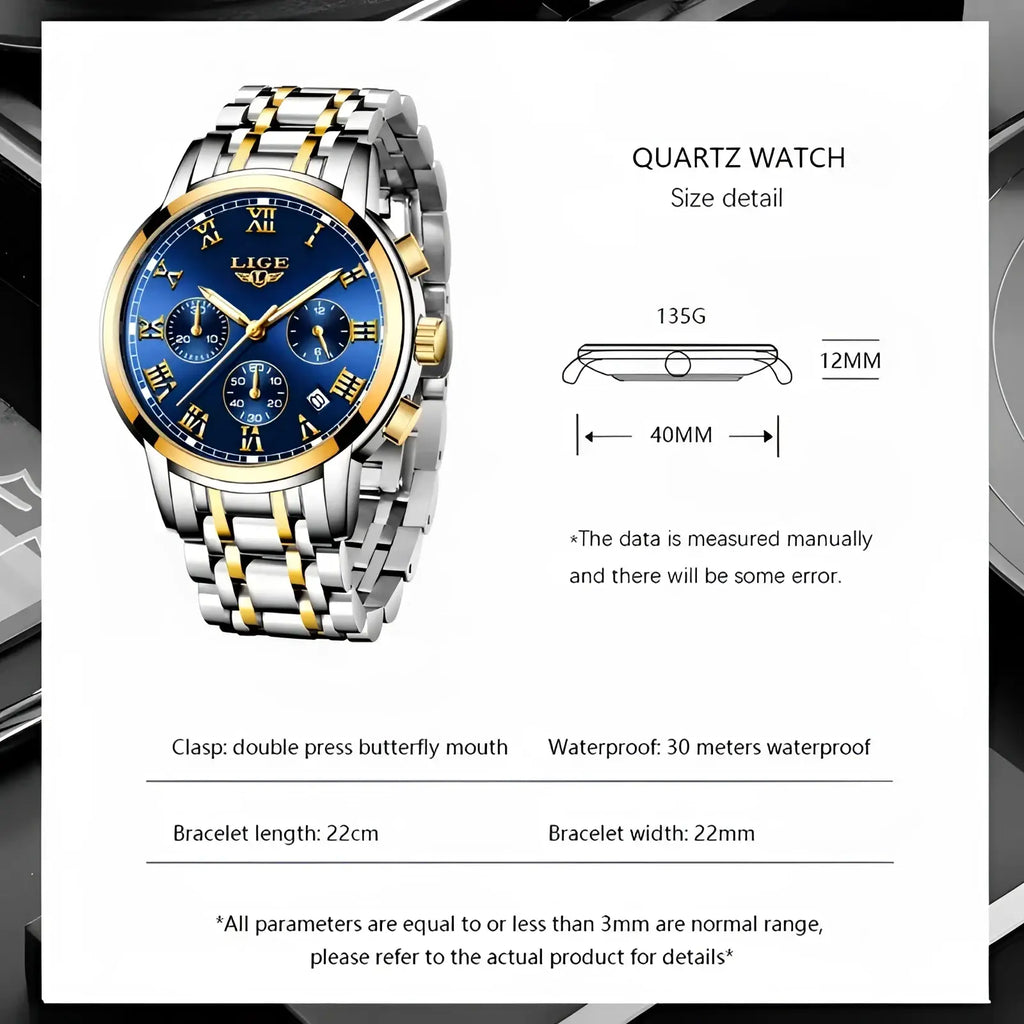 Lige women luxury blue dial quartz watch with vibrant blue dial gold roman numerals two-tone silver gold bracelet