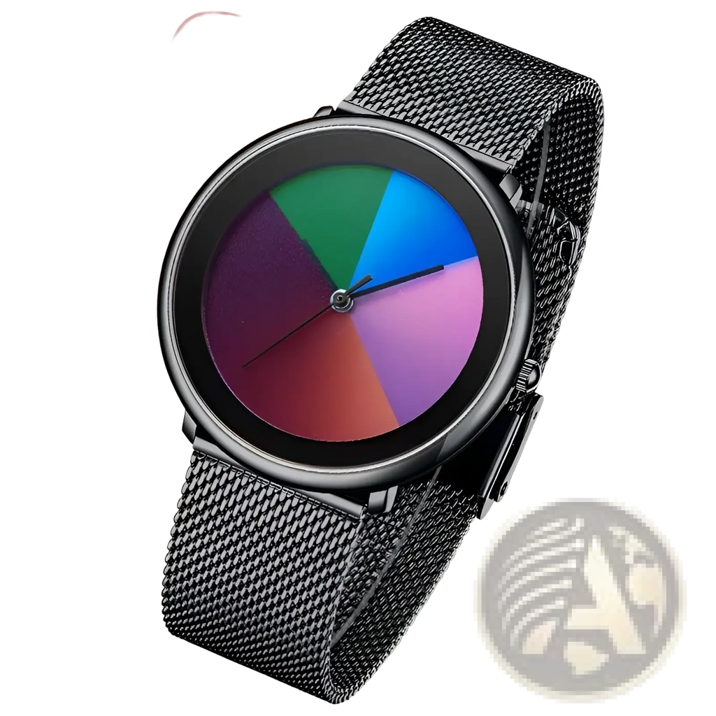 Lige women rainbow dial quartz watch with a black mesh band and a colorful segmented dial in green blue purple and red