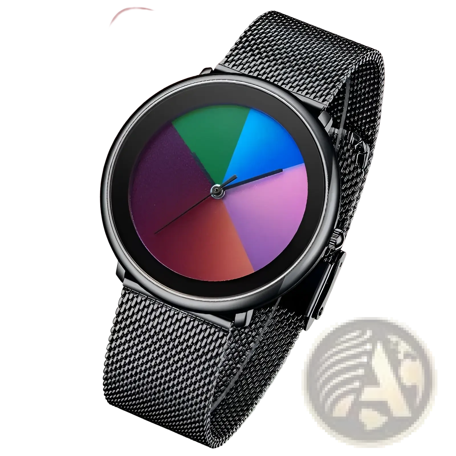 Lige women rainbow dial quartz watch with a black mesh band and a colorful segmented dial in green blue purple and red