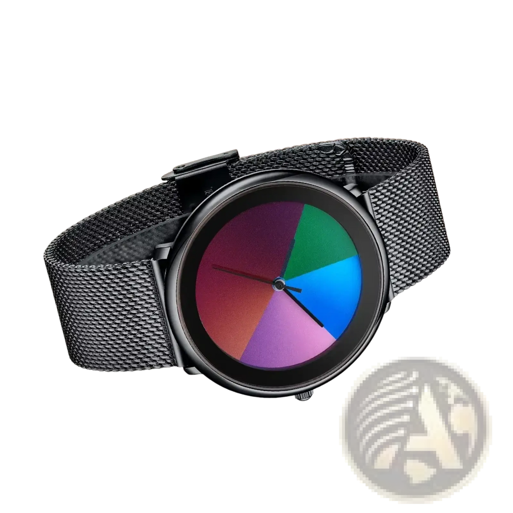 Lige women rainbow dial quartz watch with black mesh band and colorful segmented dial featuring vibrant rainbow hues