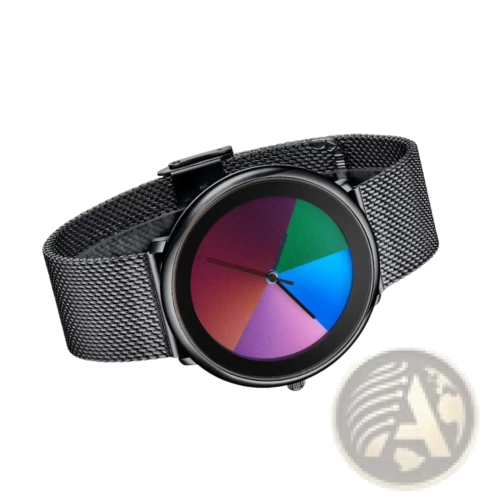 Lige women rainbow dial quartz watch with black mesh band and colorful segmented dial featuring vibrant rainbow hues