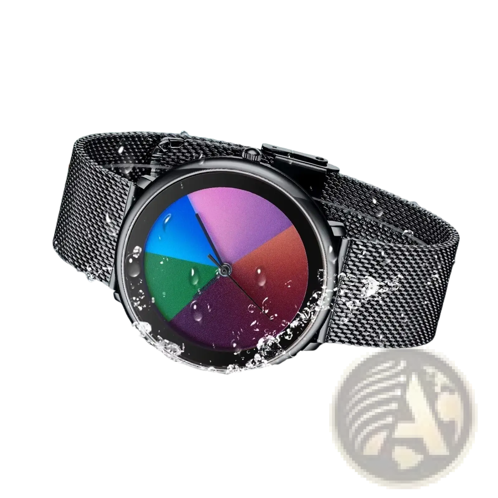 Lige women rainbow dial quartz watch with black mesh strap and colorful segmented dial in blue green purple and red