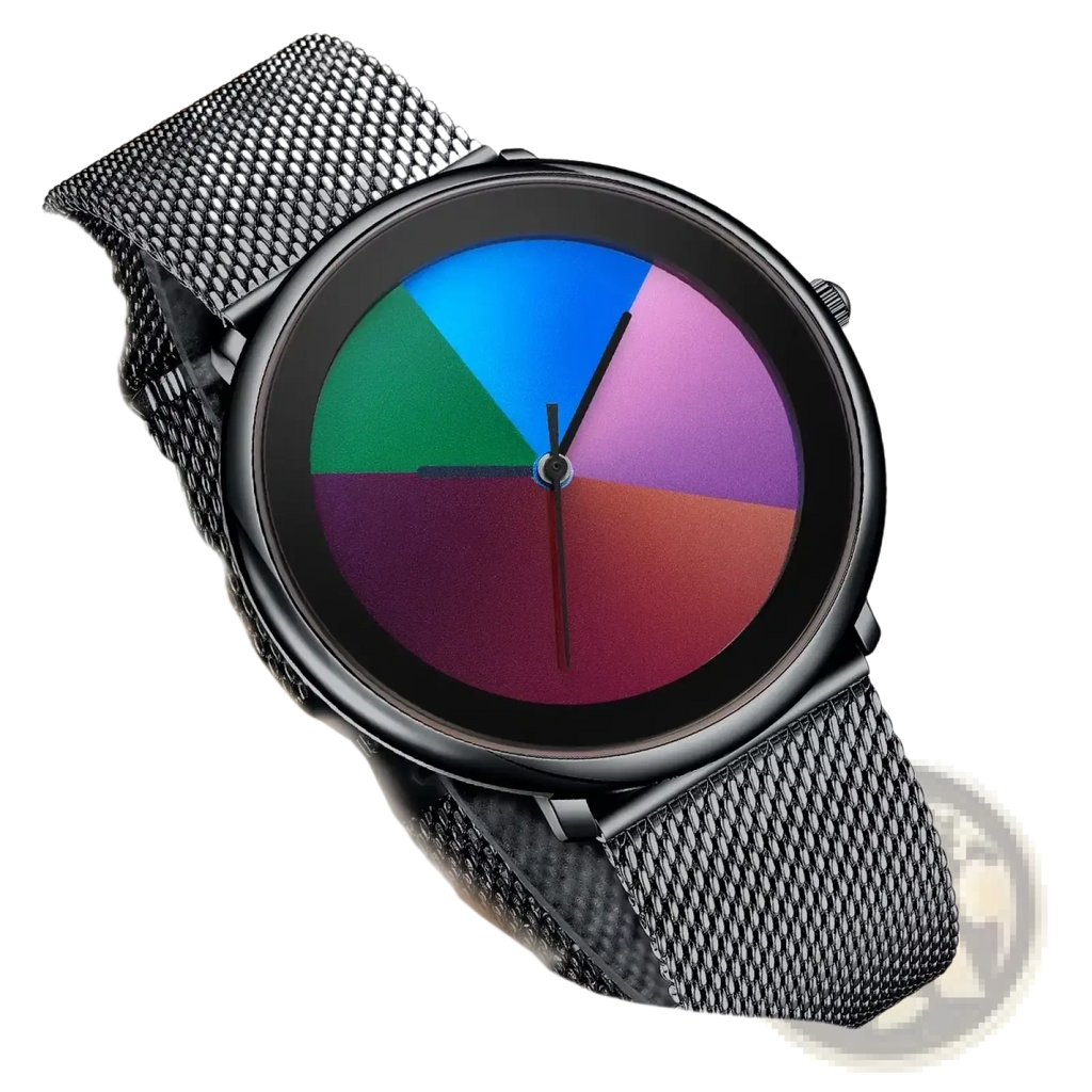 Lige women rainbow dial quartz watch with black mesh strap and colorful segmented blue green pink purple red dial