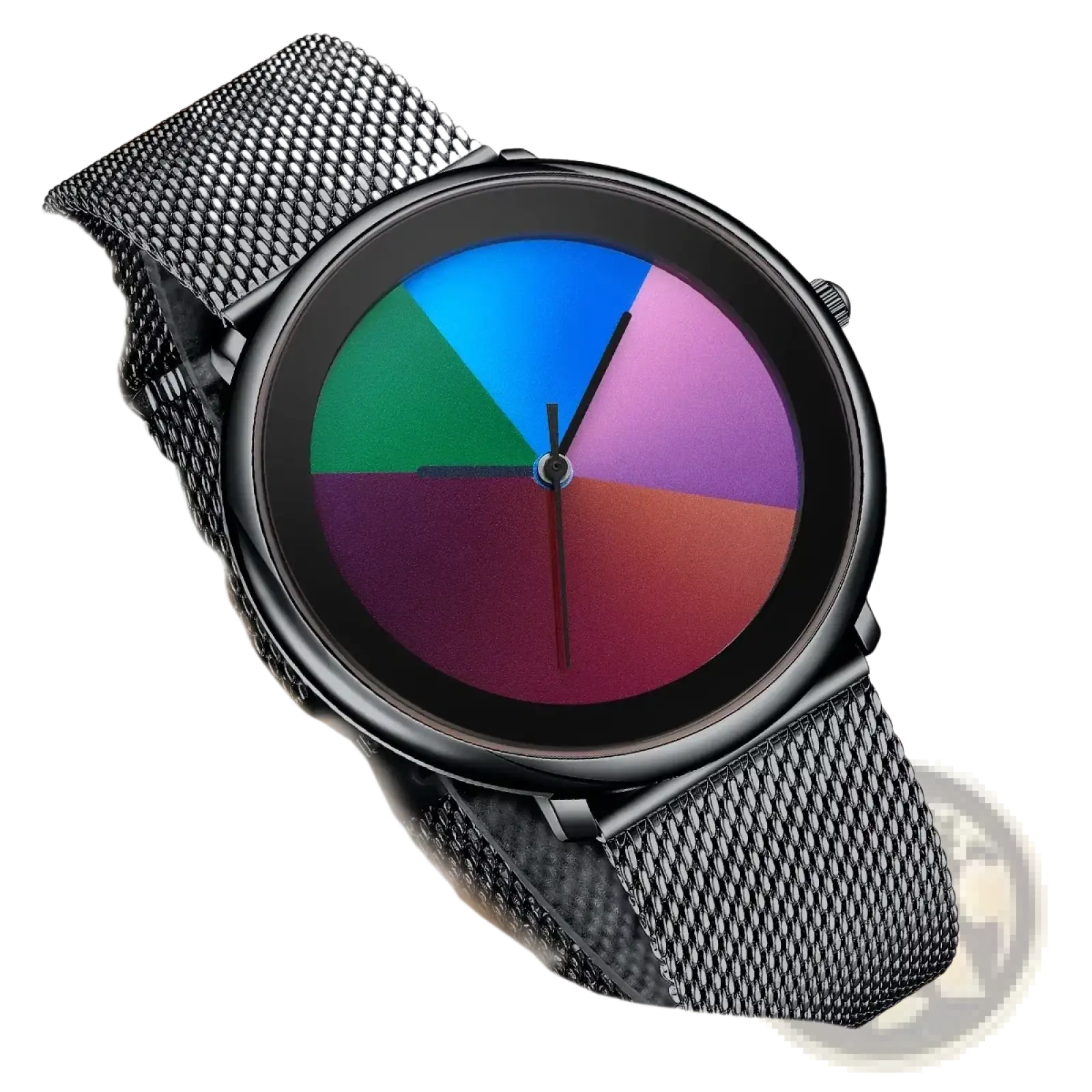 Lige women rainbow dial quartz watch with black mesh strap and colorful segmented blue green pink purple red dial