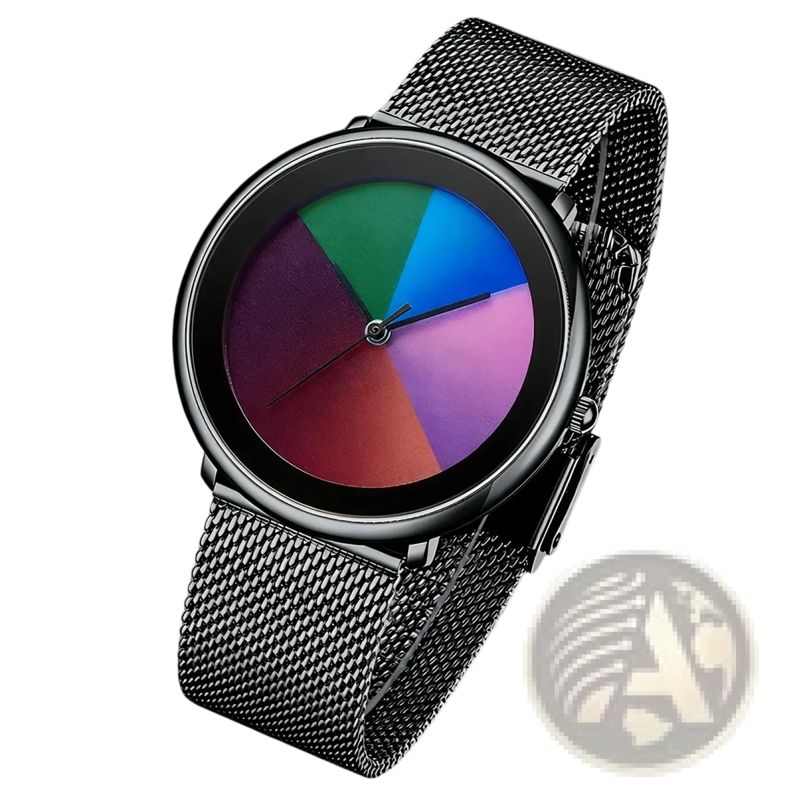 Lige women rainbow dial quartz watch with sleek black mesh band and round face divided into vibrant rainbow segments