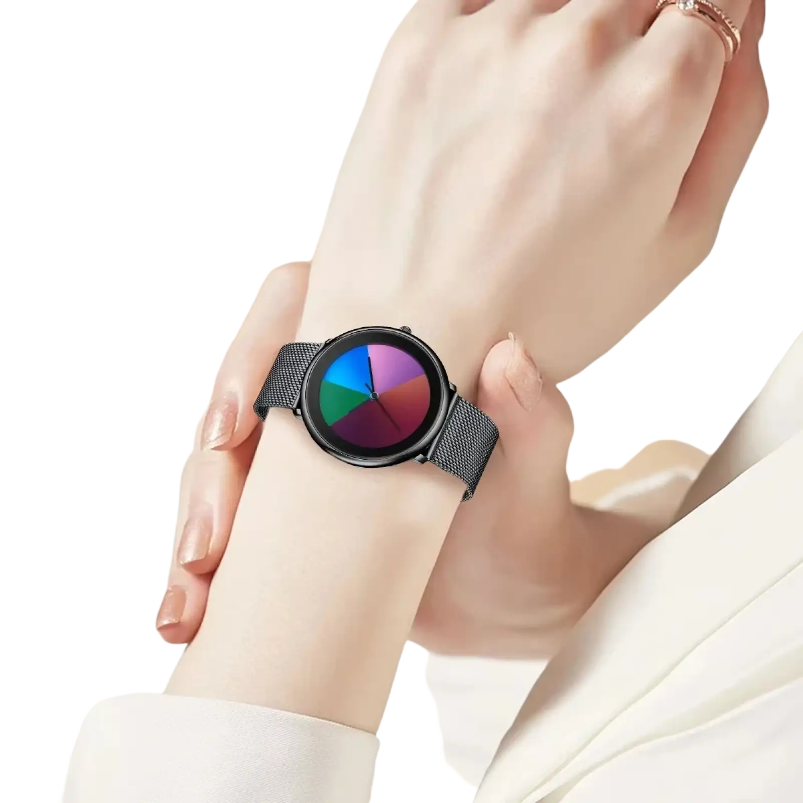 Lige women rainbow dial quartz watch with black mesh strap and colorful segmented digital display