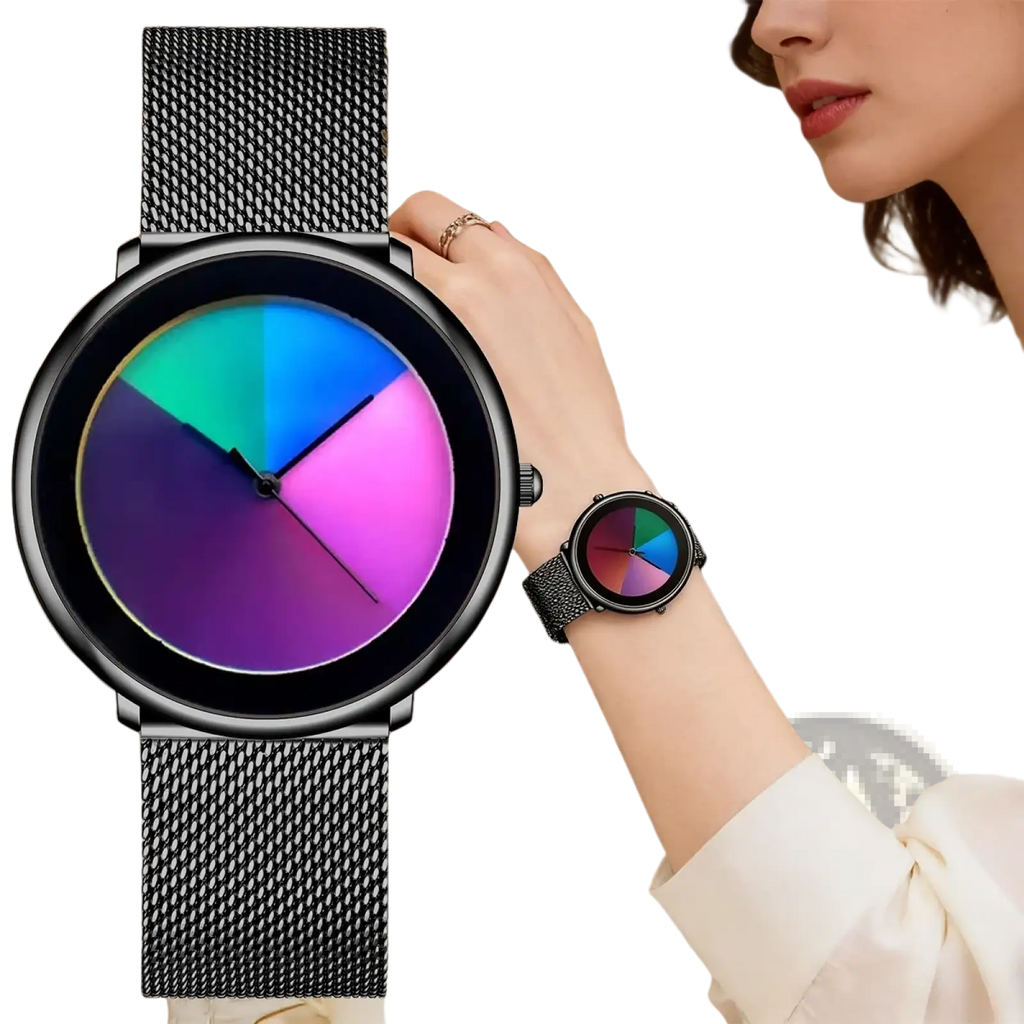 Lige women rainbow dial quartz watch with black mesh band and vibrant multi-colored gradient dial