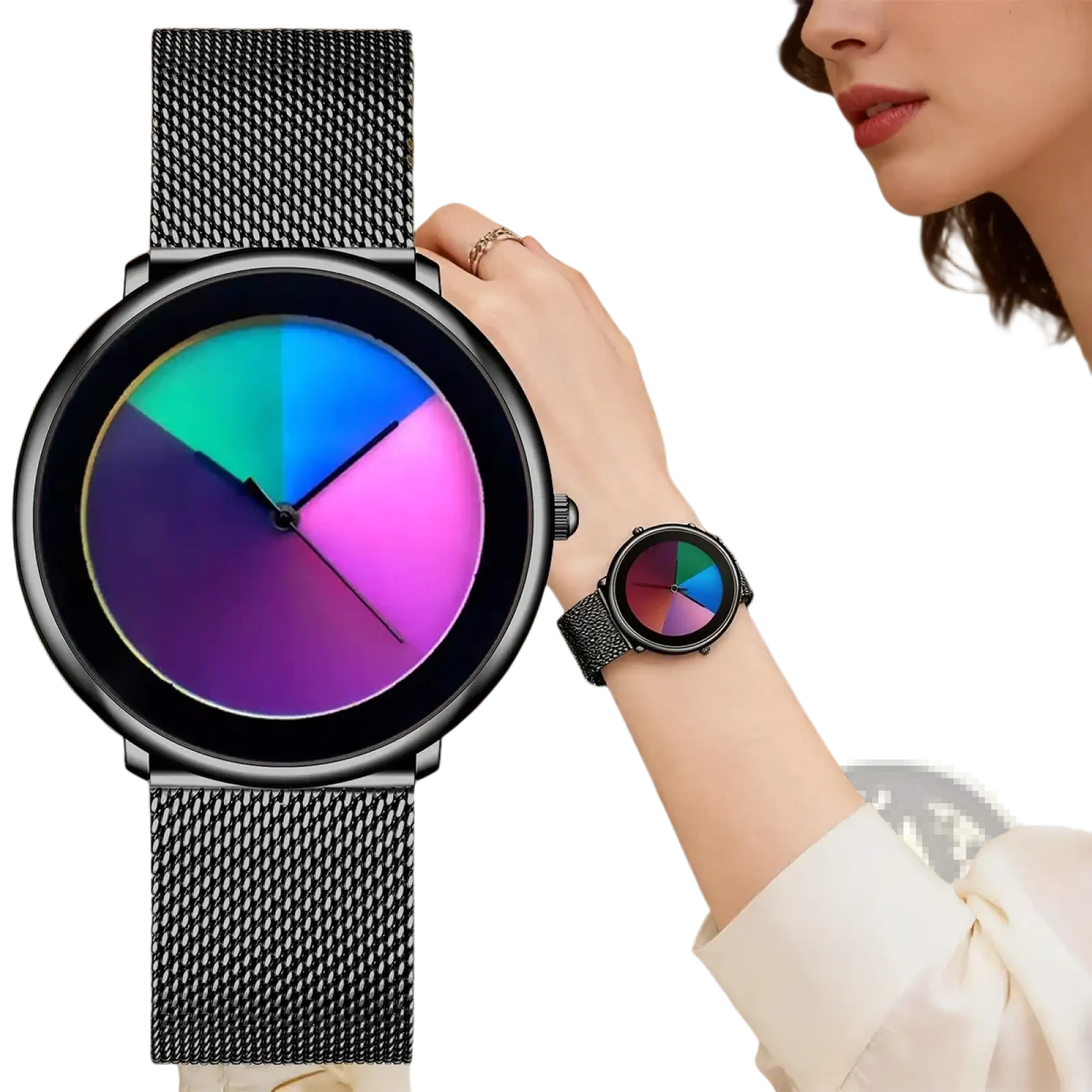 Lige women rainbow dial quartz watch with black mesh band and vibrant multi-colored gradient dial