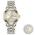 Lige women two-tone stainless steel quartz watch with silver and gold tones, white dial, roman numerals, and date display